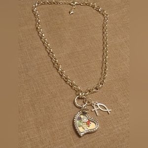 Silver Tone 12" Chain, Heart Charm Locket, Rhinestones Necklace, Believe Etched
